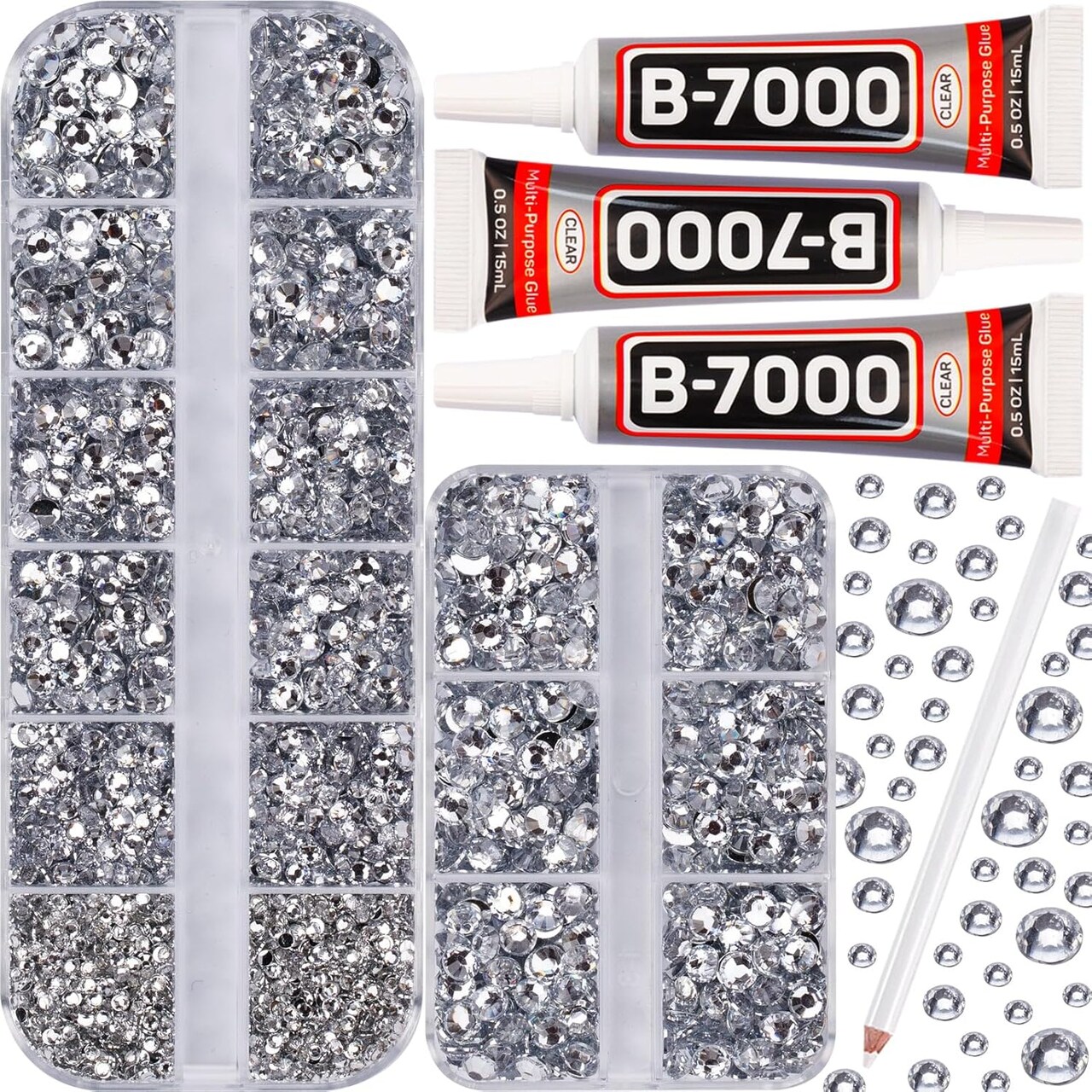 B7000 Glue with 7,500 Clear & Silver Rhinestones – Flatback Gems 2-5mm, 4 Sizes for Crafts, Clothing, Shoes & DIY Projects